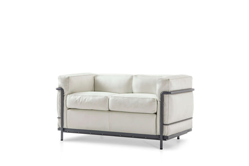 Sustainable Cassina LC2 sofa in white leather with a sleek brushed nickel frame.
