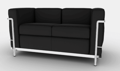 Sustainable Cassina LC2 sofa with black upholstery and a sleek brushed nickel frame.